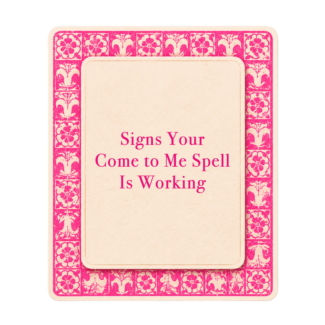 Pink tarot-style title card for The Love Witch blog post, Signs Your Come to Me Spell Is Working