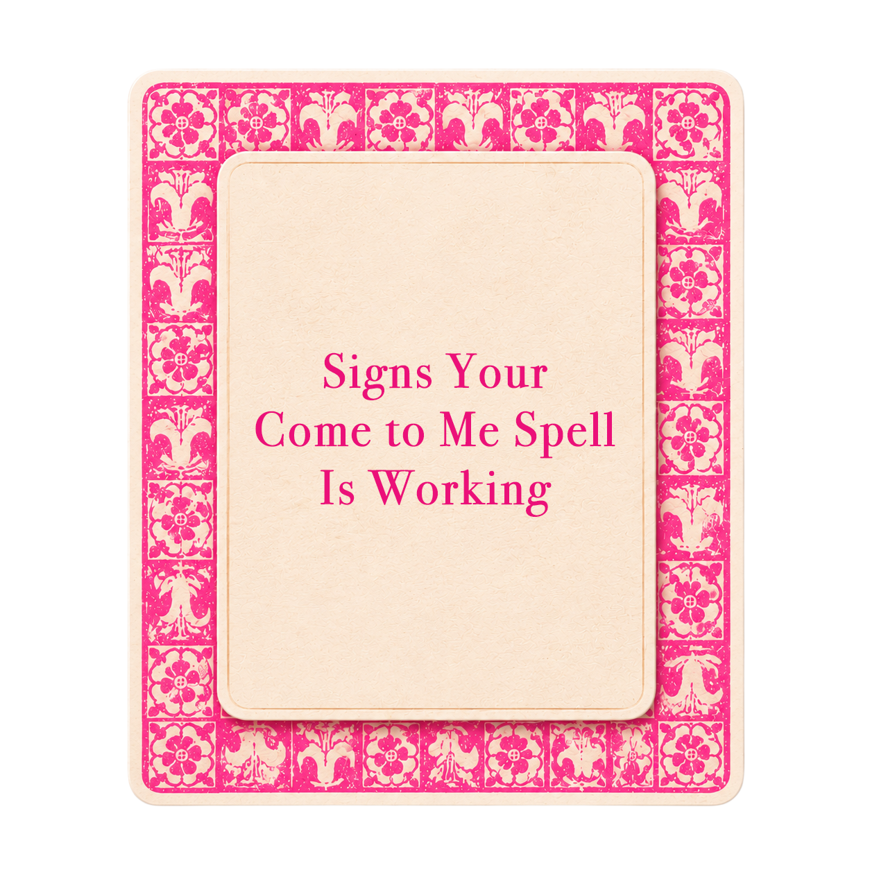 Pink tarot-style title card for The Love Witch blog post, Signs Your Come to Me Spell Is Working