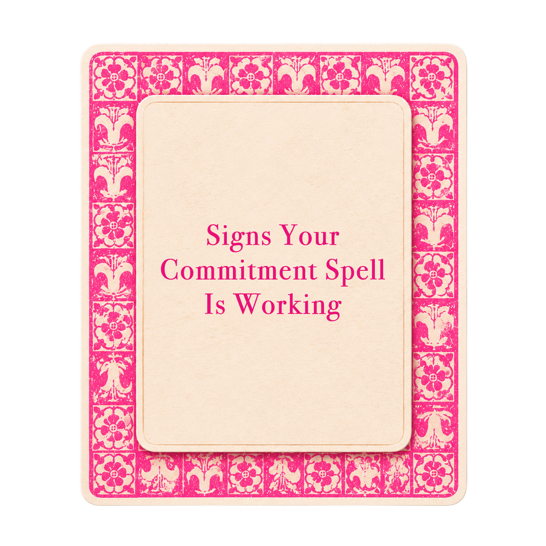 Pink tarot-style title card for The Love Witch blog post, Signs Your Commitment Spell Is Working