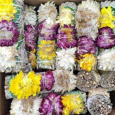 Green Rose Petals with 3 Flowers on a White Sage Smudge Stick (4 in.)
