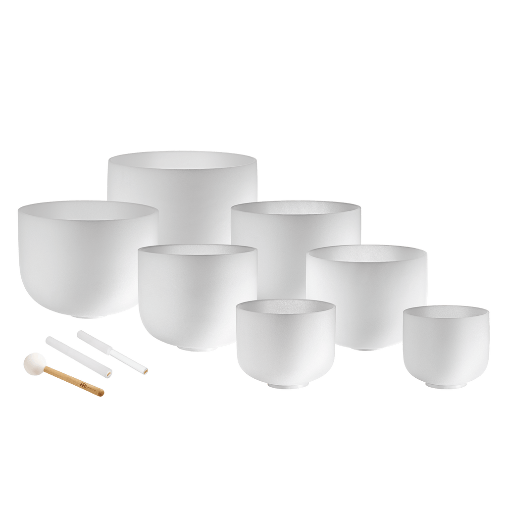 432 Hz Crystal Singing Bowl Chakra Set - 7 Pure White Quartz Bowls (8"–14")